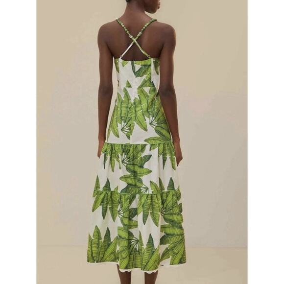 NEW! Farm Rio Palm Fan Midi Dress XL White Green Tropical Cotton Beaded Straps - Picture 2 of 12